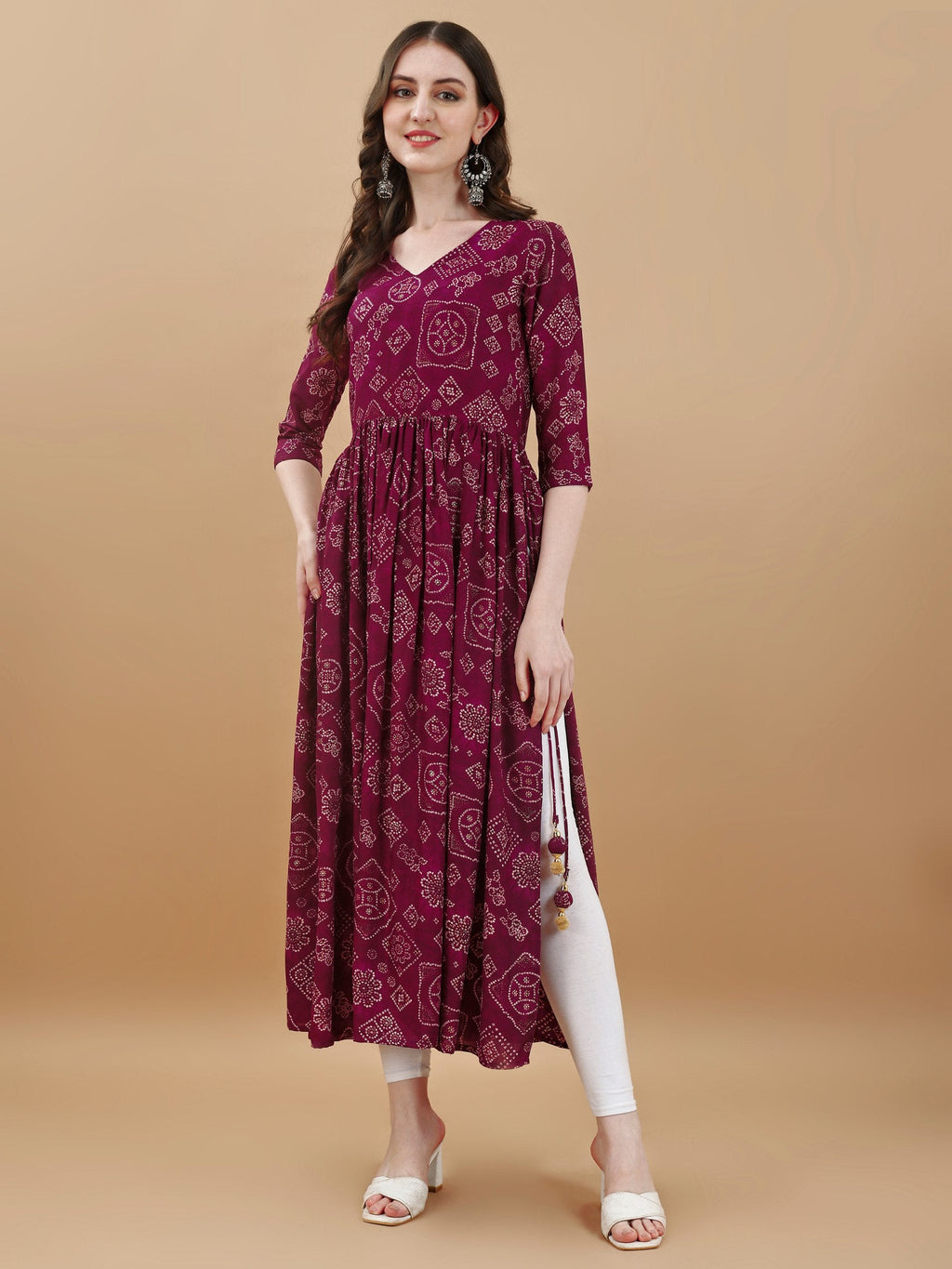 Jyoti Fashion Women's Wine Rayon Bandhani Printed Casual Flared kurta | Grocsy