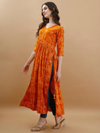 Jyoti Fashion Women's Mustard Rayon Bandhani Printed Casual Flared kurta | Grocsy