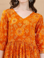 Jyoti Fashion Women's Mustard Rayon Bandhani Printed Casual Flared kurta | Grocsy