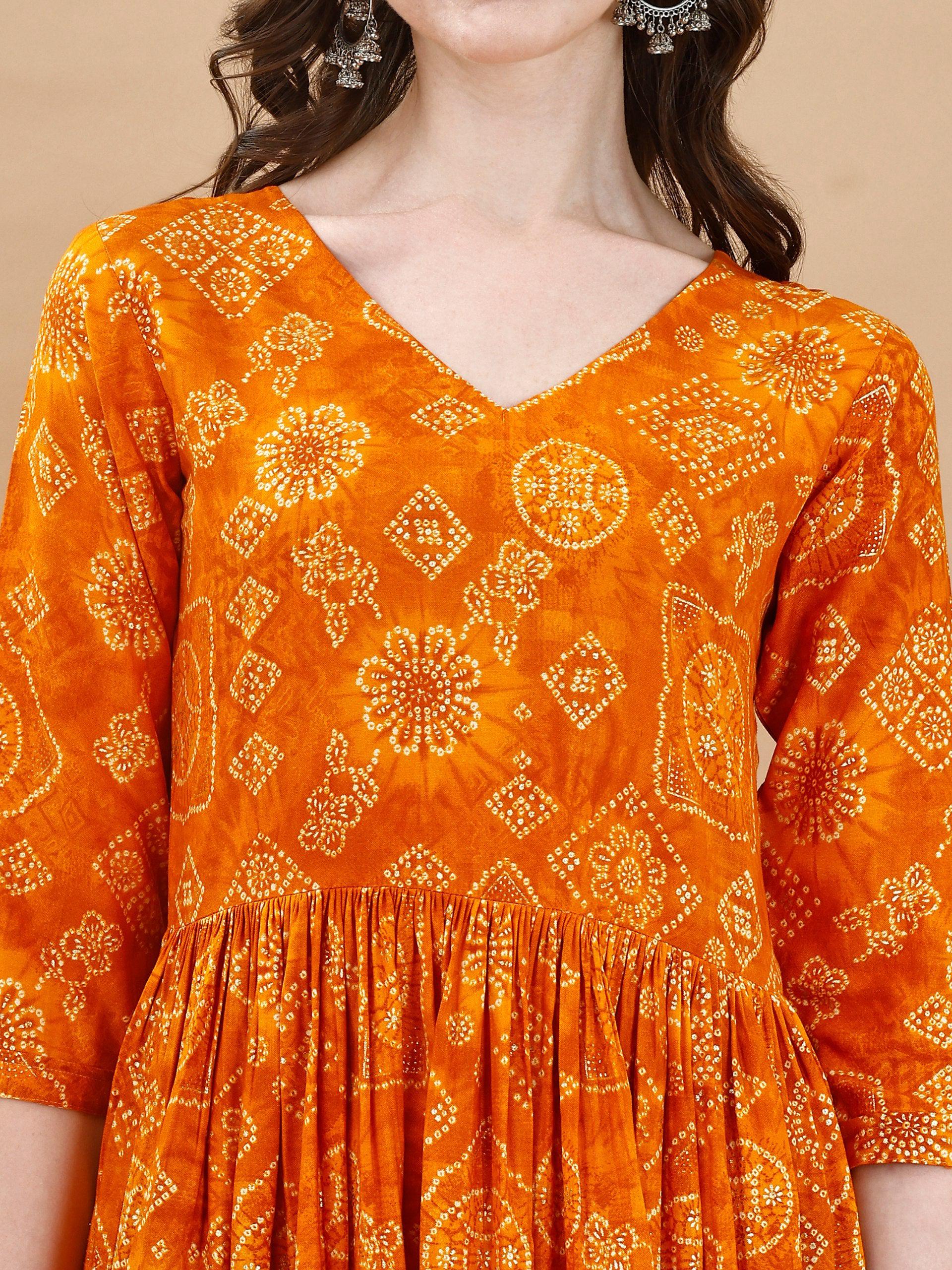 Jyoti Fashion Women's Mustard Rayon Bandhani Printed Casual Flared kurta | Grocsy