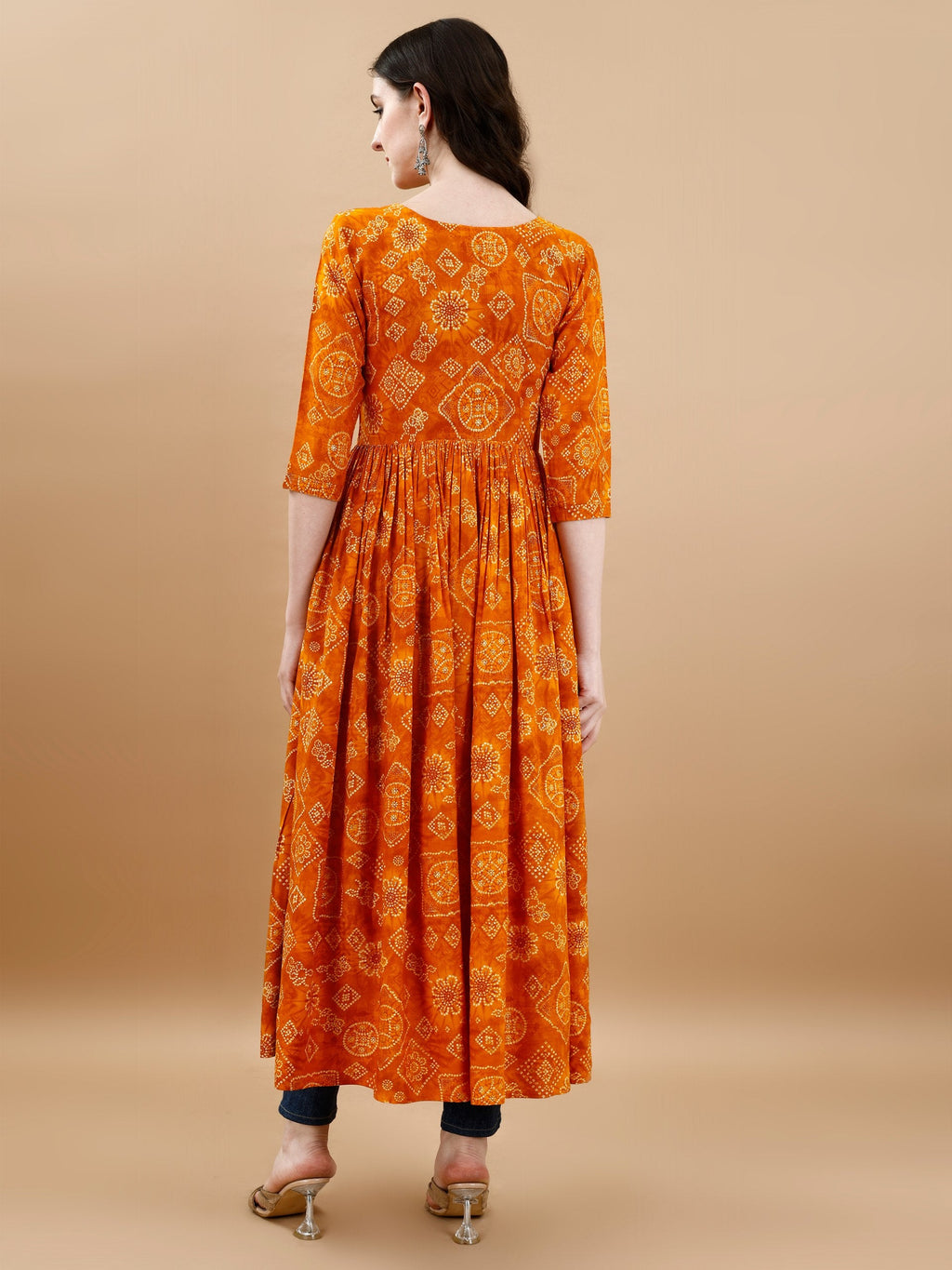 Jyoti Fashion Women's Mustard Rayon Bandhani Printed Casual Flared kurta | Grocsy