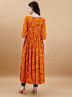 Jyoti Fashion Women's Mustard Rayon Bandhani Printed Casual Flared kurta | Grocsy