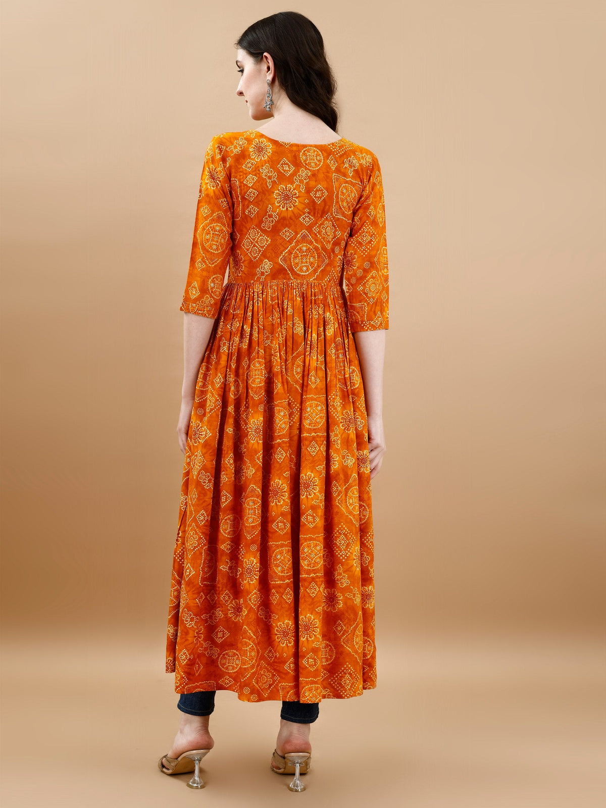 Jyoti Fashion Women's Mustard Rayon Bandhani Printed Casual Flared kurta | Grocsy