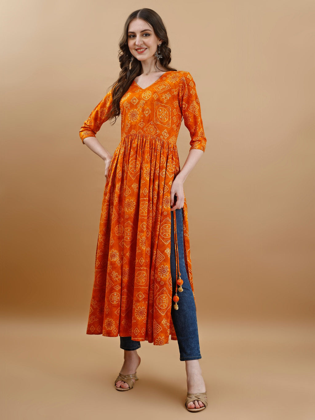 Jyoti Fashion Women's Mustard Rayon Bandhani Printed Casual Flared kurta | Grocsy