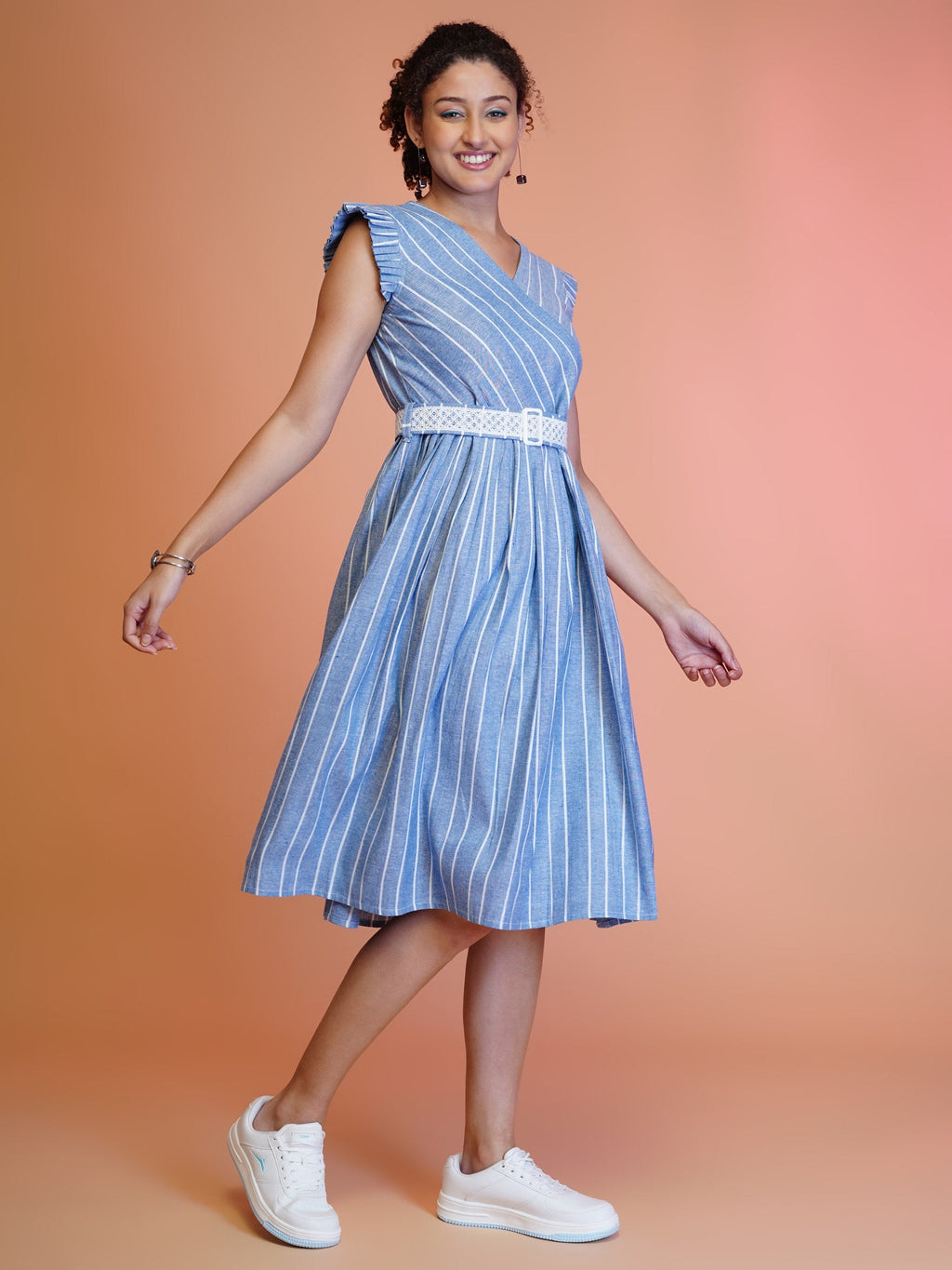 Jyoti Fashion Women's Blue Cotton Striped with Embroidered Belt Western Midi Dress | Grocsy