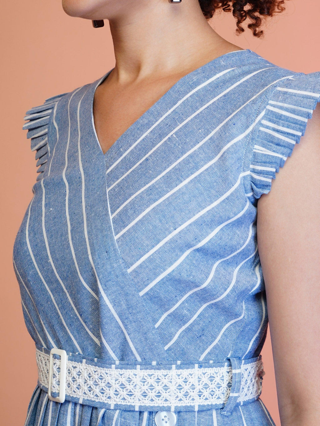 Jyoti Fashion Women's Blue Cotton Striped with Embroidered Belt Western Midi Dress | Grocsy