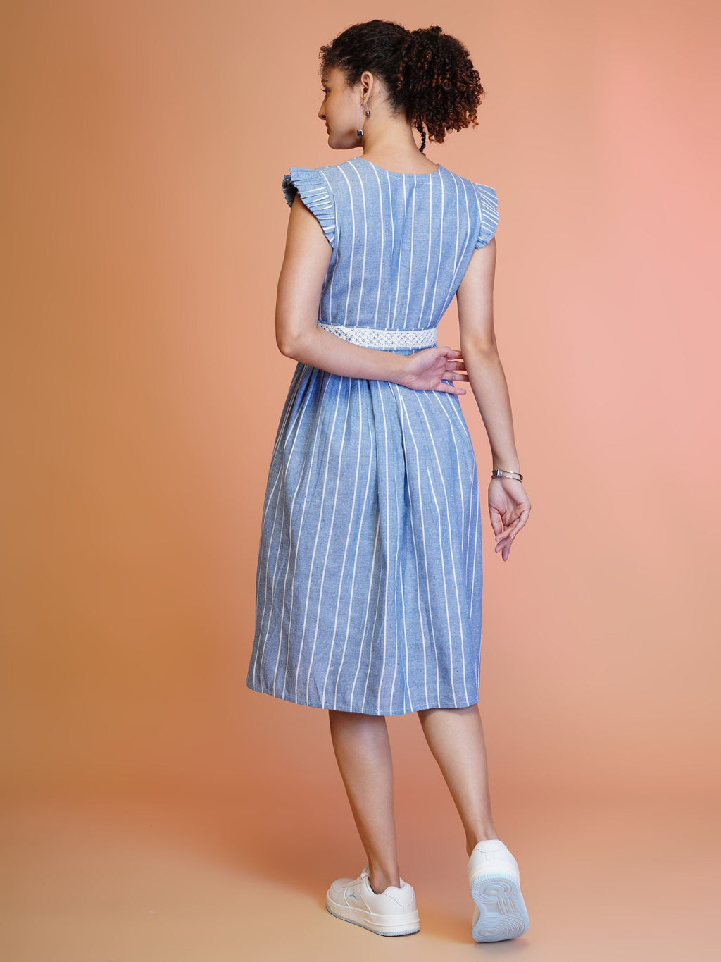 Jyoti Fashion Women's Blue Cotton Striped with Embroidered Belt Western Midi Dress | Grocsy