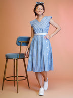 Jyoti Fashion Women's Blue Cotton Striped with Embroidered Belt Western Midi Dress | Grocsy