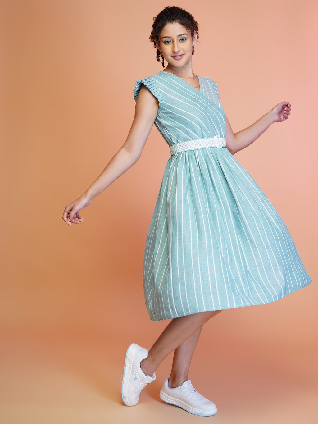 Jyoti Fashion Women's Sea Green Cotton Striped with Embroidered Belt Western Midi Dress | Grocsy