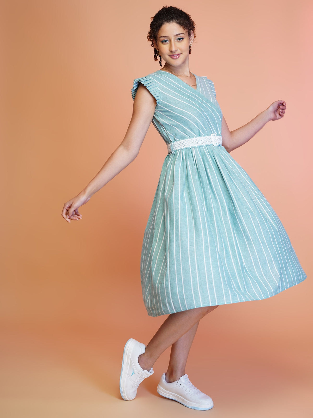 Jyoti Fashion Women's Sea Green Cotton Striped with Embroidered Belt Western Midi Dress | Grocsy