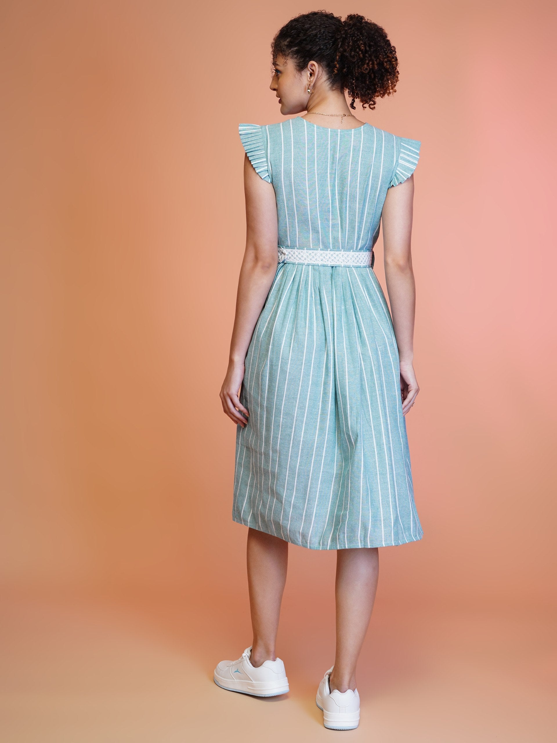 Jyoti Fashion Women's Sea Green Cotton Striped with Embroidered Belt Western Midi Dress | Grocsy