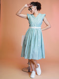 Jyoti Fashion Women's Sea Green Cotton Striped with Embroidered Belt Western Midi Dress | Grocsy