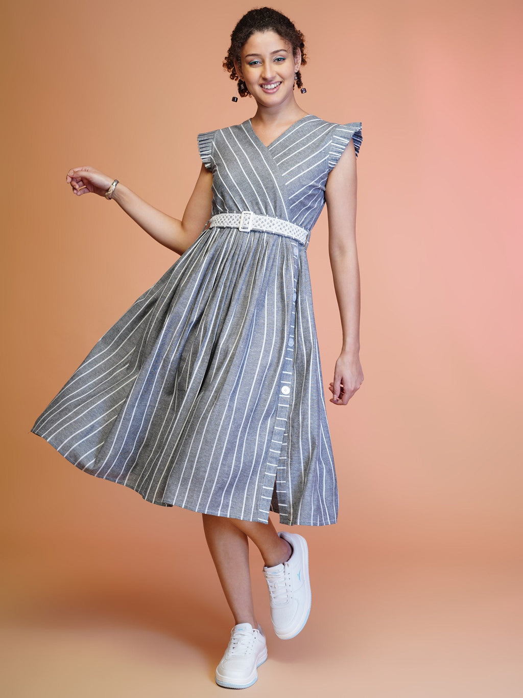 Jyoti Fashion Women's Grey Cotton Striped with Embroidered Belt Western Midi Dress | Grocsy