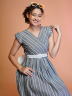 Jyoti Fashion Women's Grey Cotton Striped with Embroidered Belt Western Midi Dress | Grocsy