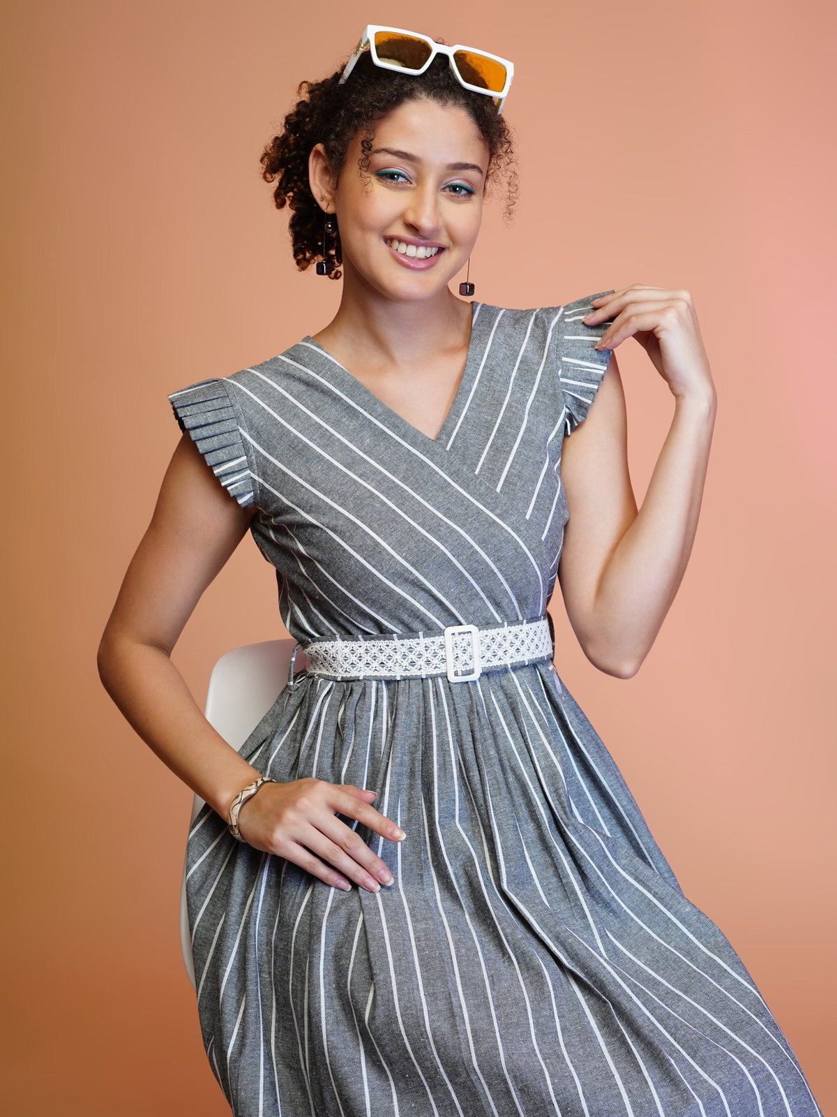 Jyoti Fashion Women's Grey Cotton Striped with Embroidered Belt Western Midi Dress | Grocsy