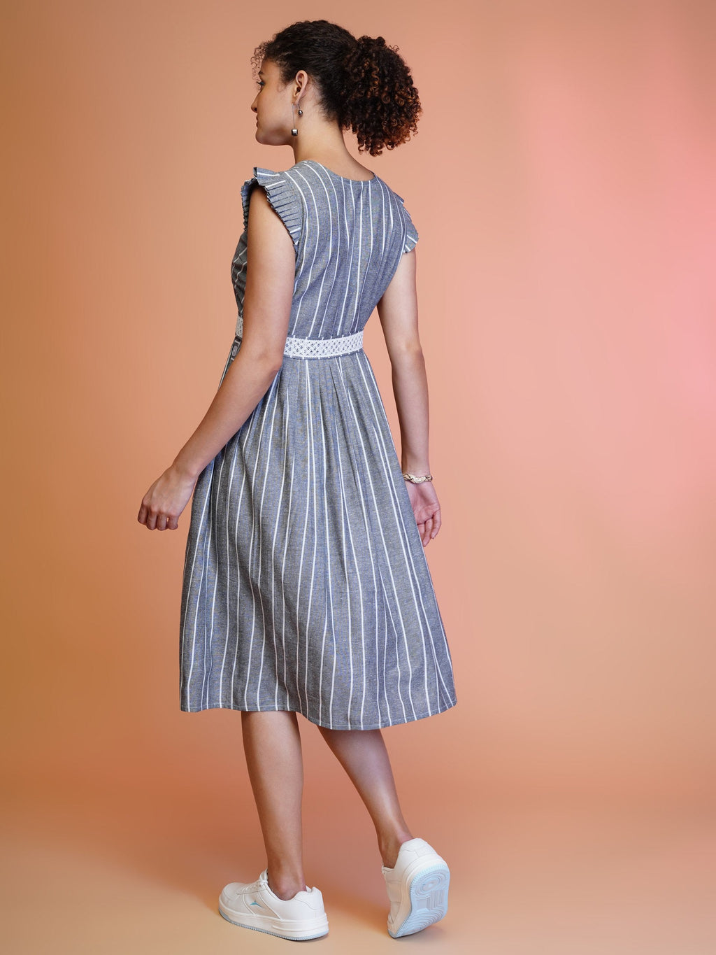 Jyoti Fashion Women's Grey Cotton Striped with Embroidered Belt Western Midi Dress | Grocsy