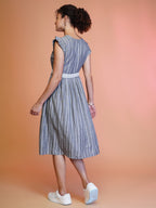 Jyoti Fashion Women's Grey Cotton Striped with Embroidered Belt Western Midi Dress | Grocsy