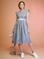 Jyoti Fashion Women's Grey Cotton Striped with Embroidered Belt Western Midi Dress | Grocsy