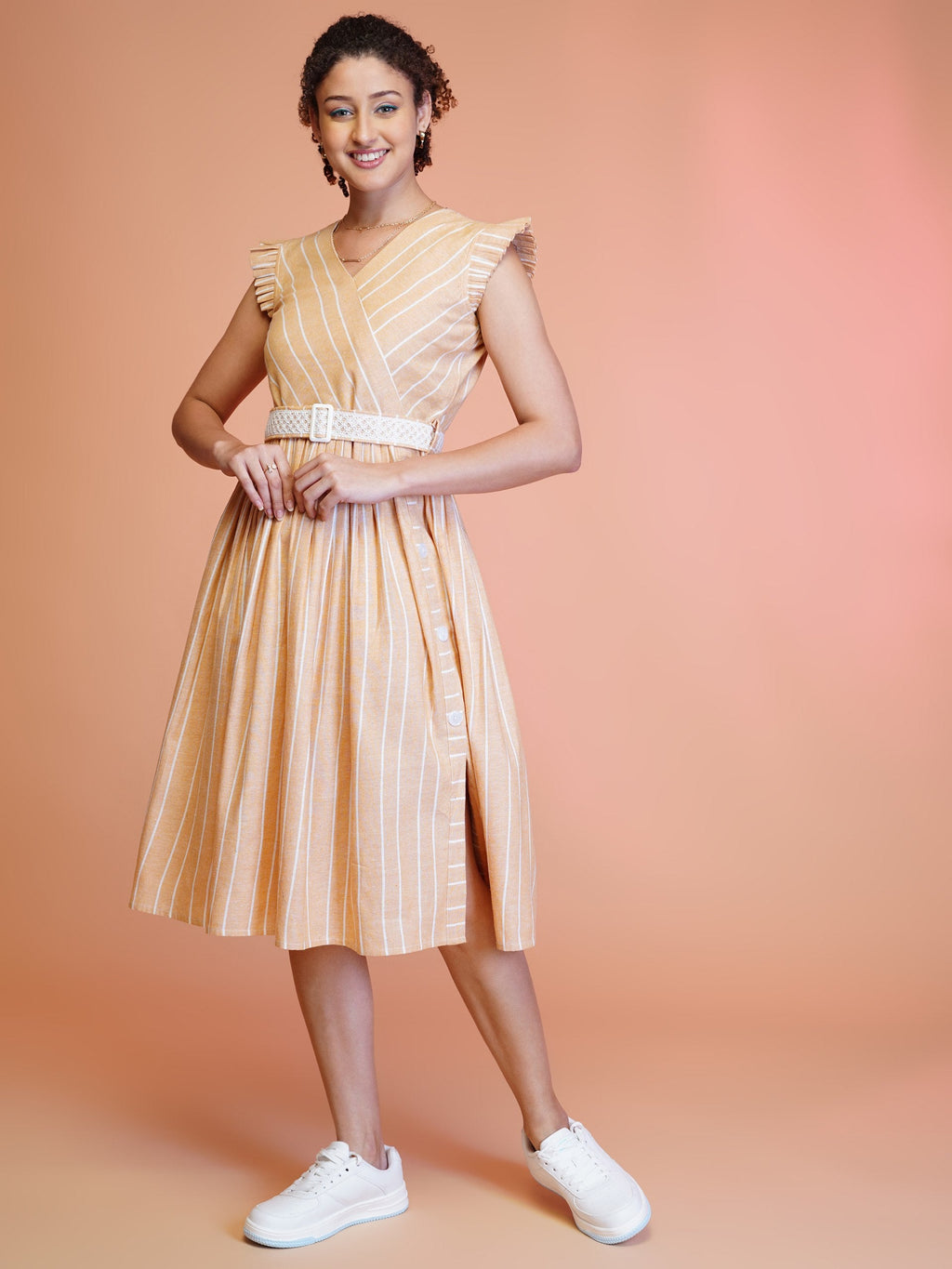 Jyoti Fashion Women's Orange Cotton Striped with Embroidered Belt Western Midi Dress | Grocsy