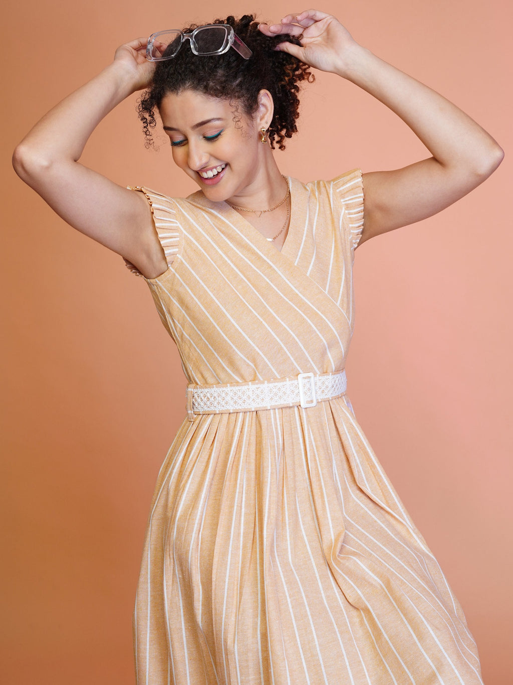 Jyoti Fashion Women's Orange Cotton Striped with Embroidered Belt Western Midi Dress | Grocsy