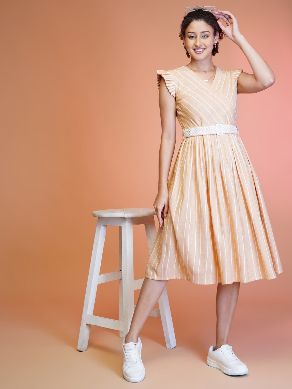 Jyoti Fashion Women's Orange Cotton Striped with Embroidered Belt Western Midi Dress | Grocsy