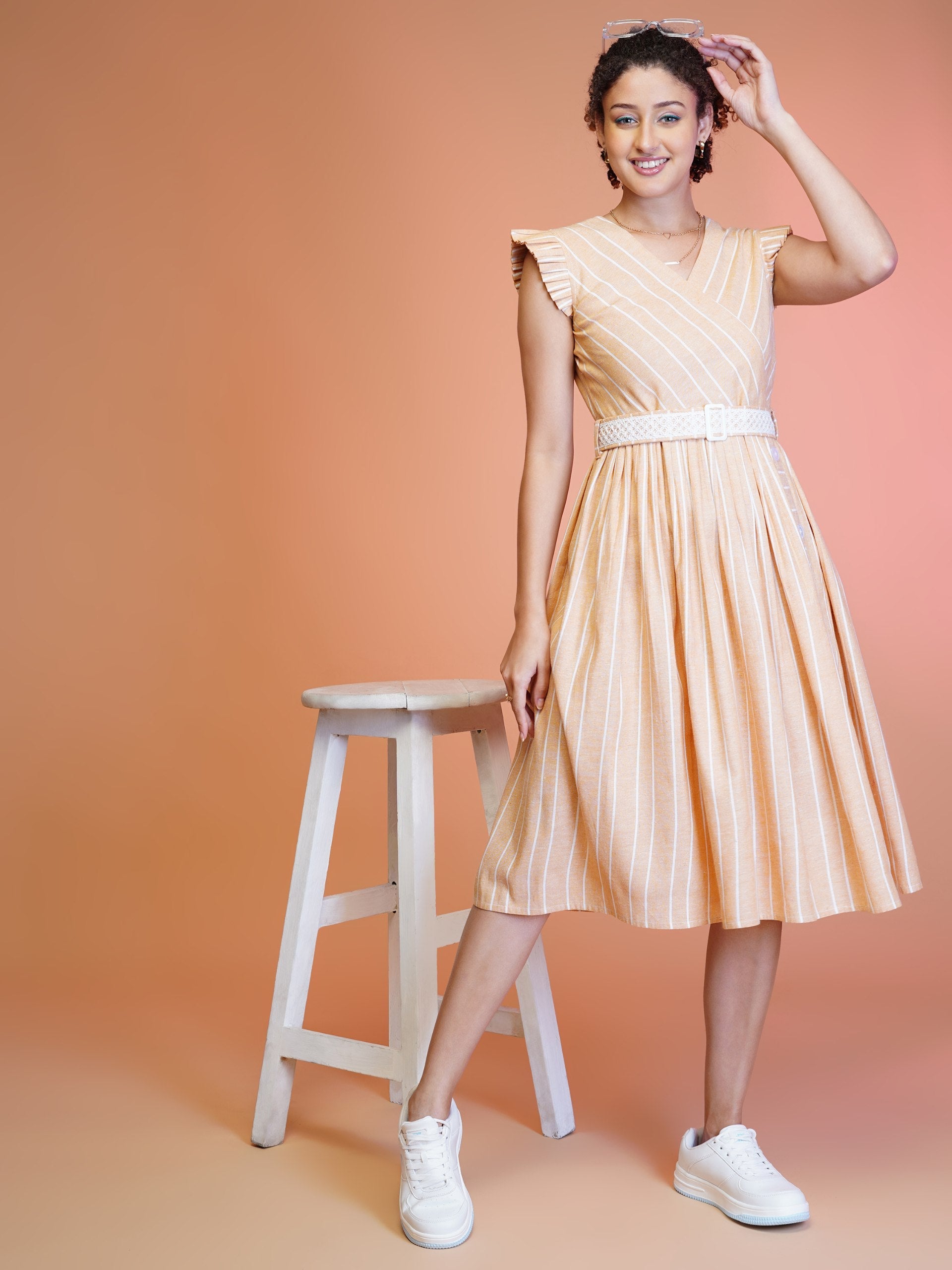 Jyoti Fashion Women's Orange Cotton Striped with Embroidered Belt Western Midi Dress | Grocsy