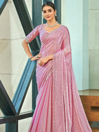 Jyoti Fashion Women's Pink Silk Blend Embellished Border with Beads & Crystal Cutwork Saree with Blouse | Grocsy