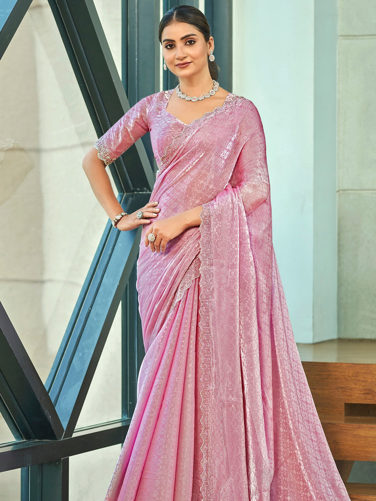 Jyoti Fashion Women's Pink Silk Blend Embellished Border with Beads & Crystal Cutwork Saree with Blouse | Grocsy