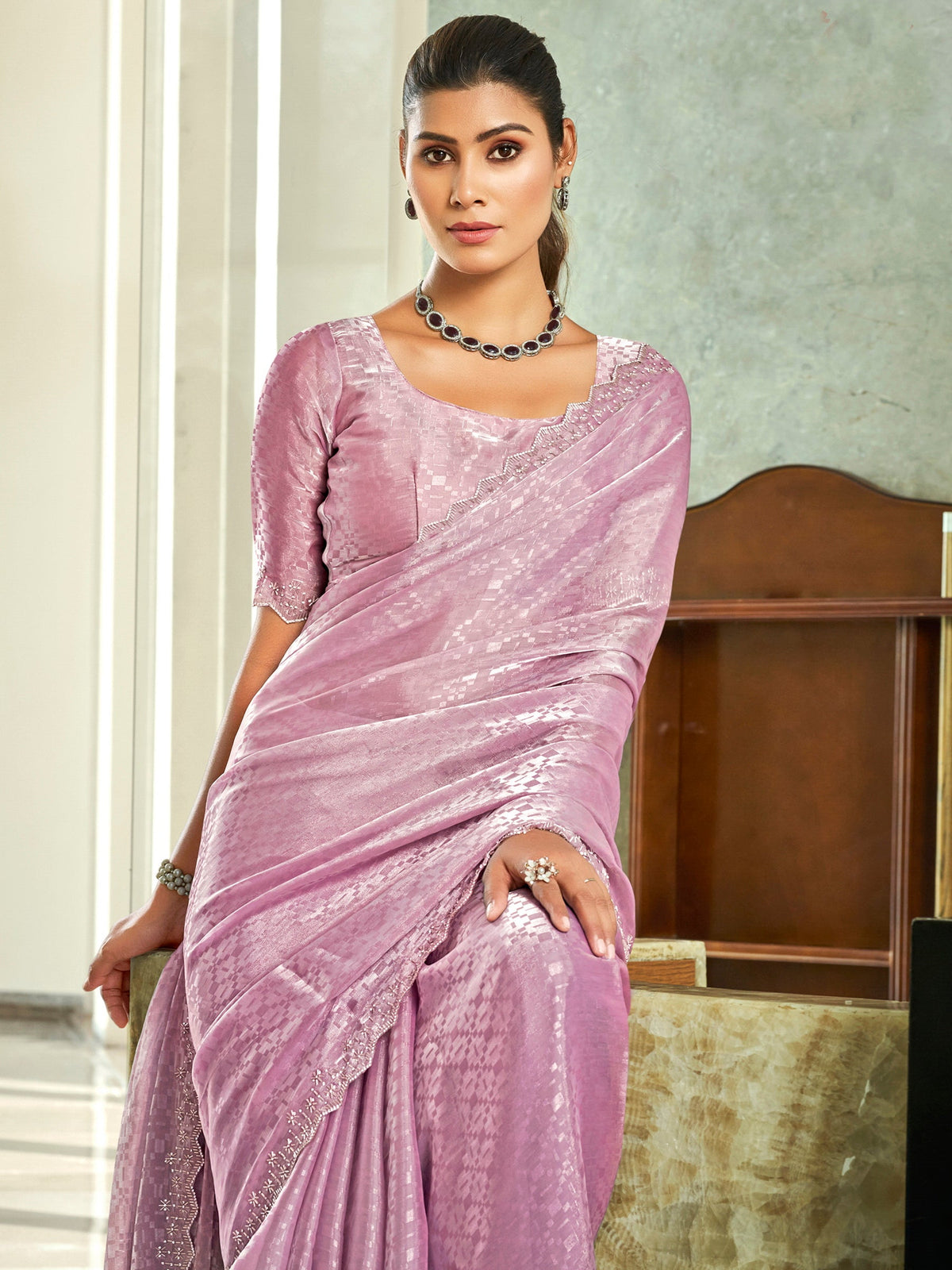 Jyoti Fashion Women's Pink Silk Blend Embellished Border with Beads & Crystal Cutwork Saree with Blouse | Grocsy