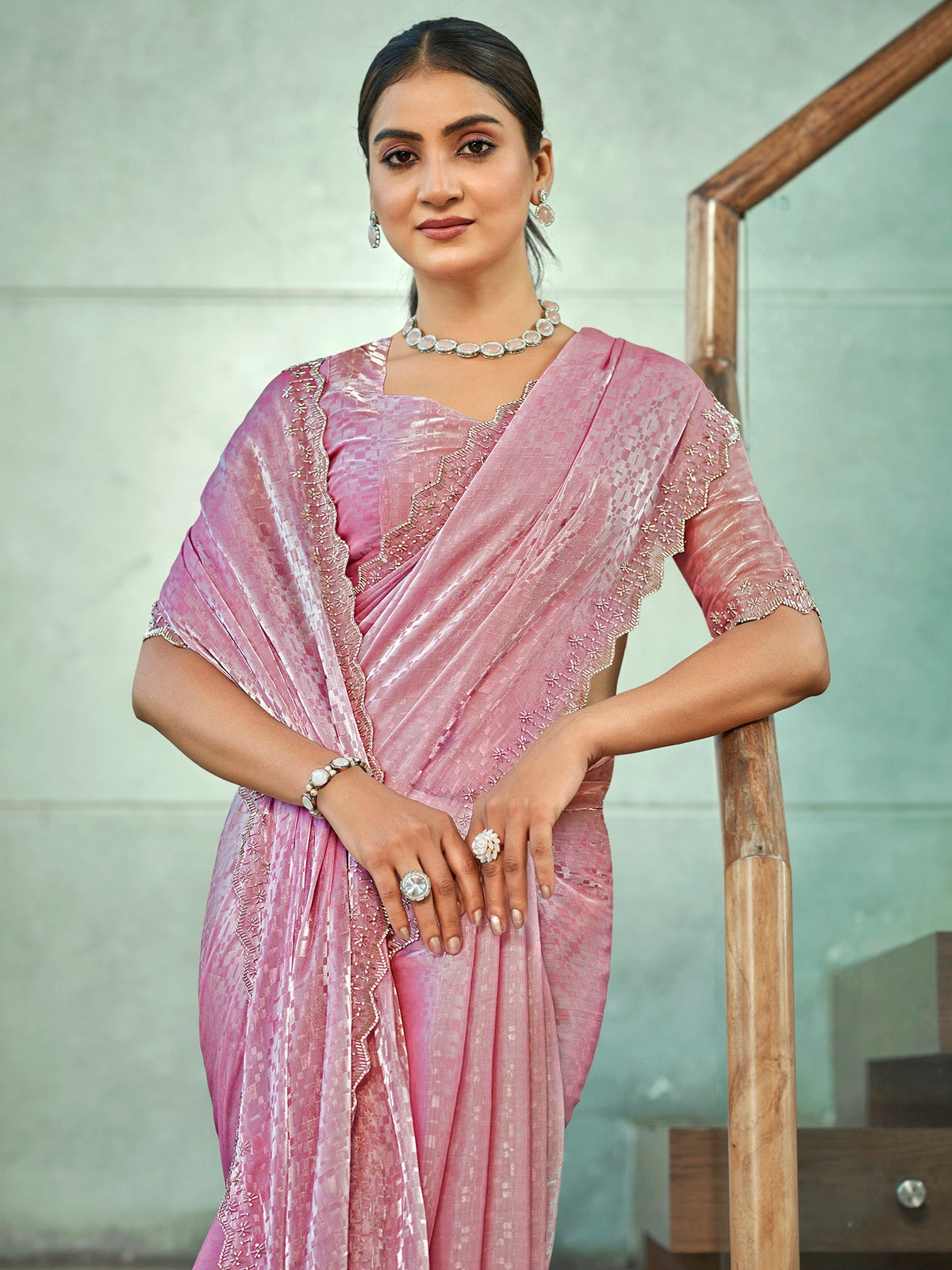 Jyoti Fashion Women's Pink Silk Blend Embellished Border with Beads & Crystal Cutwork Saree with Blouse | Grocsy