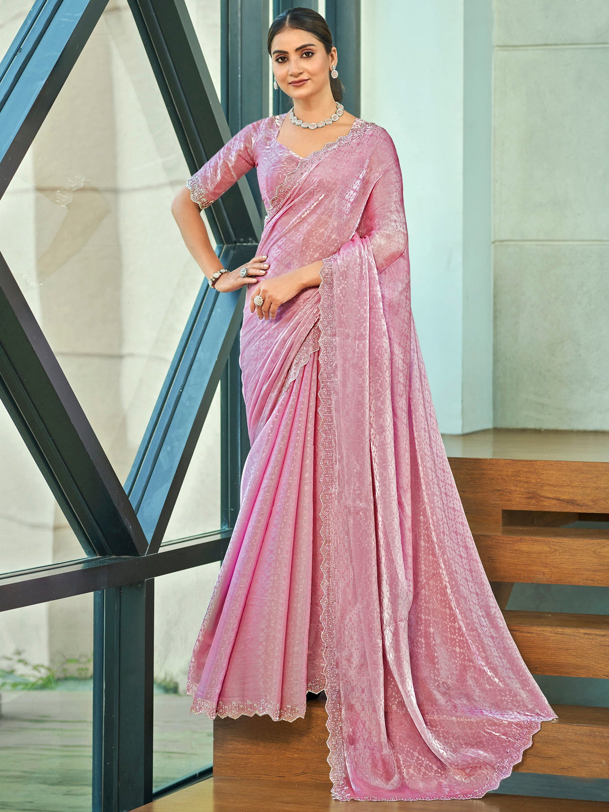 Jyoti Fashion Women's Pink Silk Blend Embellished Border with Beads & Crystal Cutwork Saree with Blouse | Grocsy