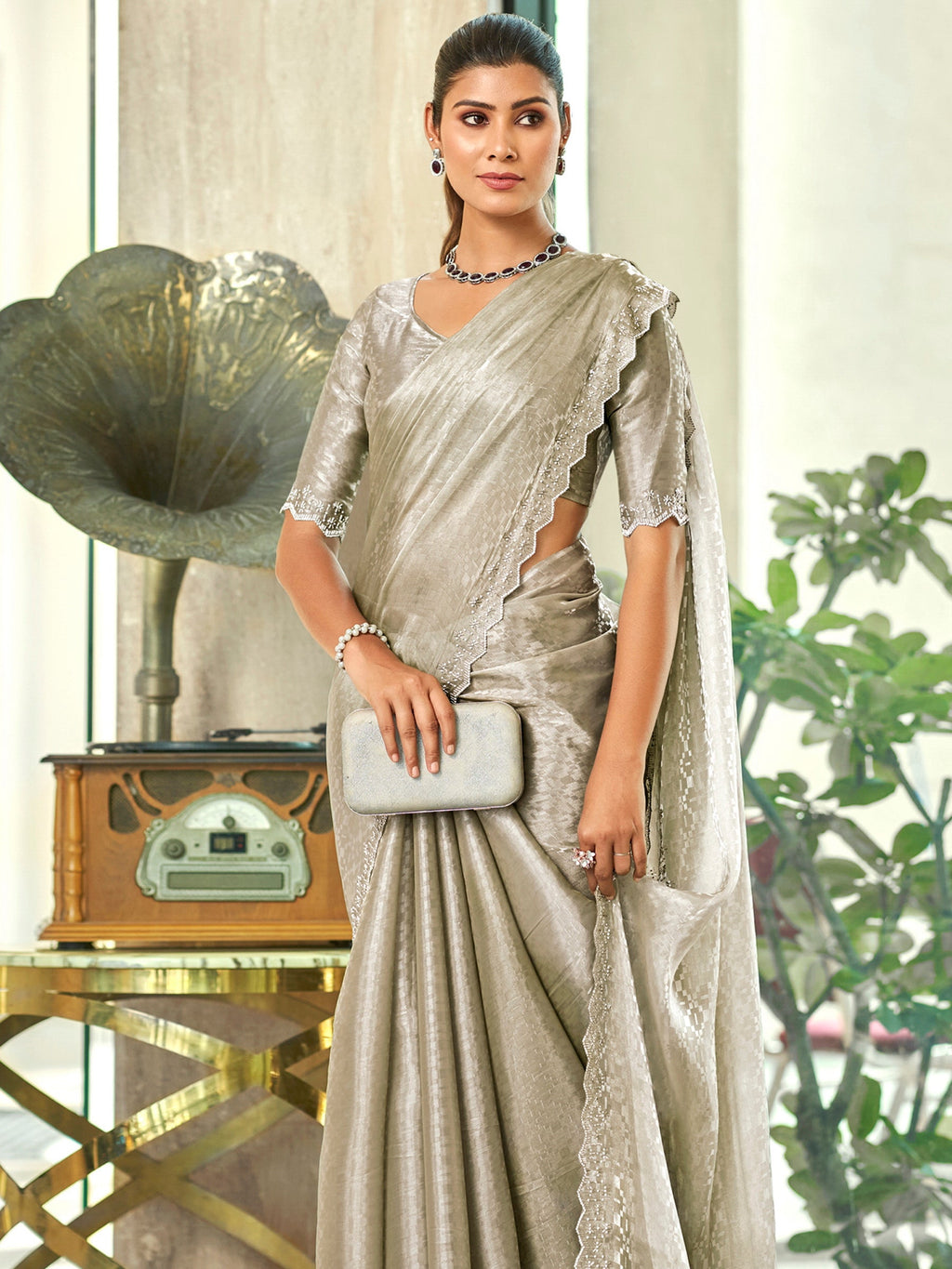 Jyoti Fashion Women's Silver Silk Blend Embellished Border with Beads & Crystal Cutwork Saree with Blouse | Grocsy