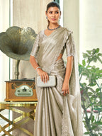 Jyoti Fashion Women's Silver Silk Blend Embellished Border with Beads & Crystal Cutwork Saree with Blouse | Grocsy