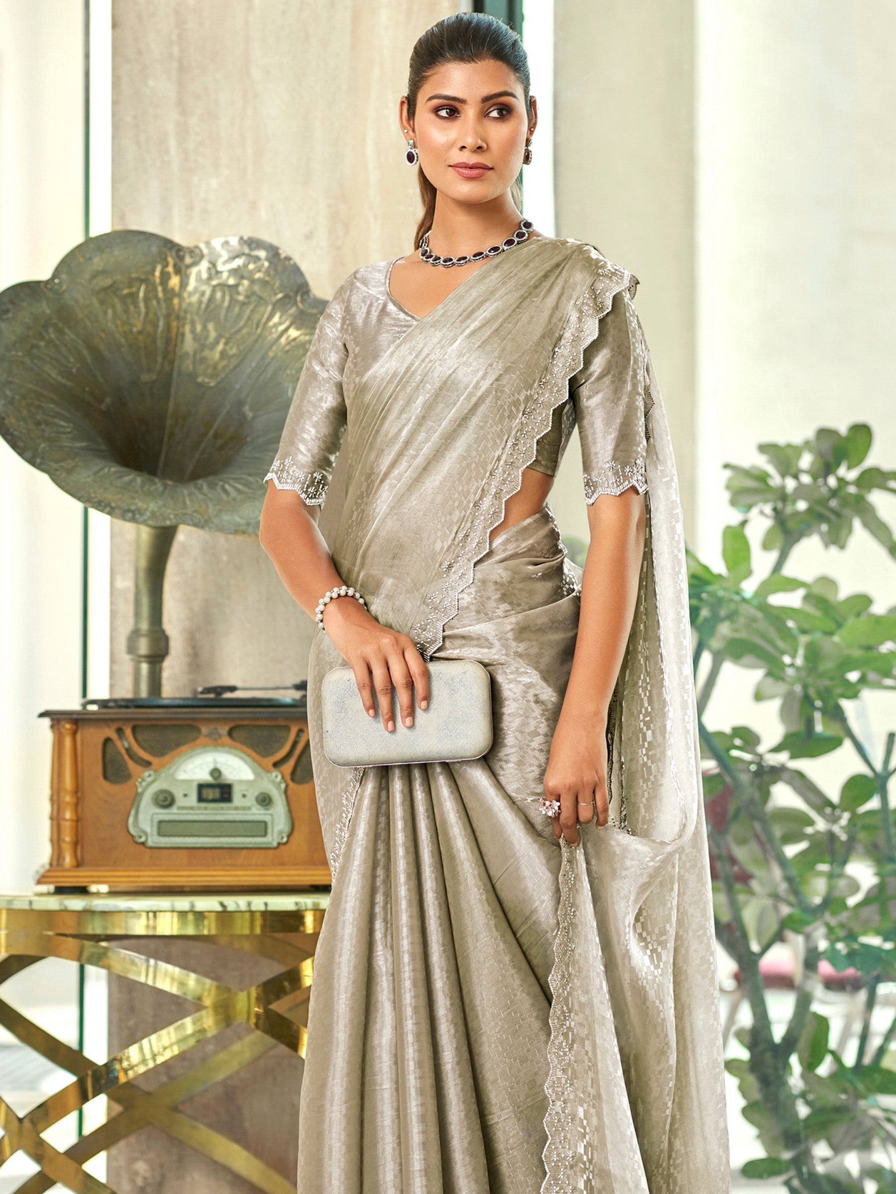 Jyoti Fashion Women's Silver Silk Blend Embellished Border with Beads & Crystal Cutwork Saree with Blouse | Grocsy