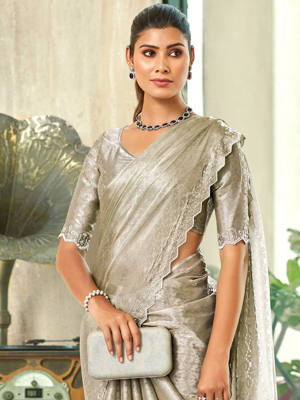 Jyoti Fashion Women's Silver Silk Blend Embellished Border with Beads & Crystal Cutwork Saree with Blouse | Grocsy