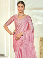 Jyoti Fashion Women's Pink Silk Blend Embellished Border with Beads & Crystal Cutwork Saree with Blouse | Grocsy