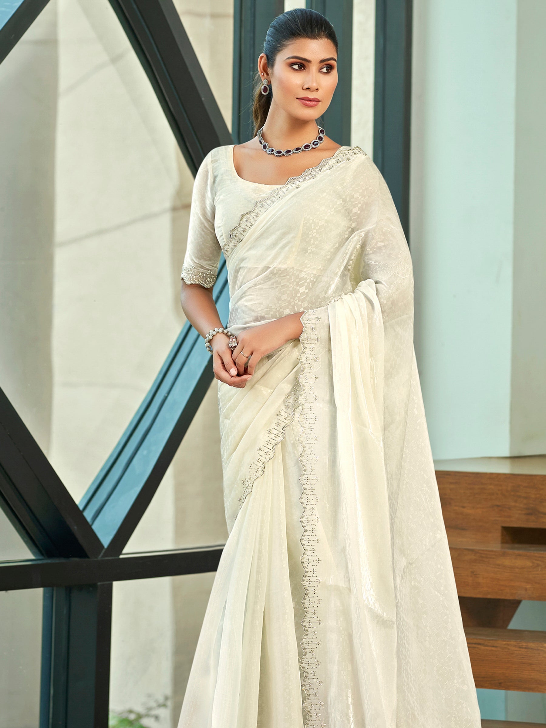 Jyoti Fashion Women's Cream Silk Blend Embellished Border with Beads & Crystal Cutwork Saree with Blouse | Grocsy