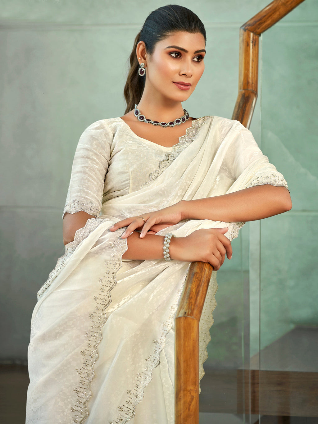 Jyoti Fashion Women's Cream Silk Blend Embellished Border with Beads & Crystal Cutwork Saree with Blouse | Grocsy