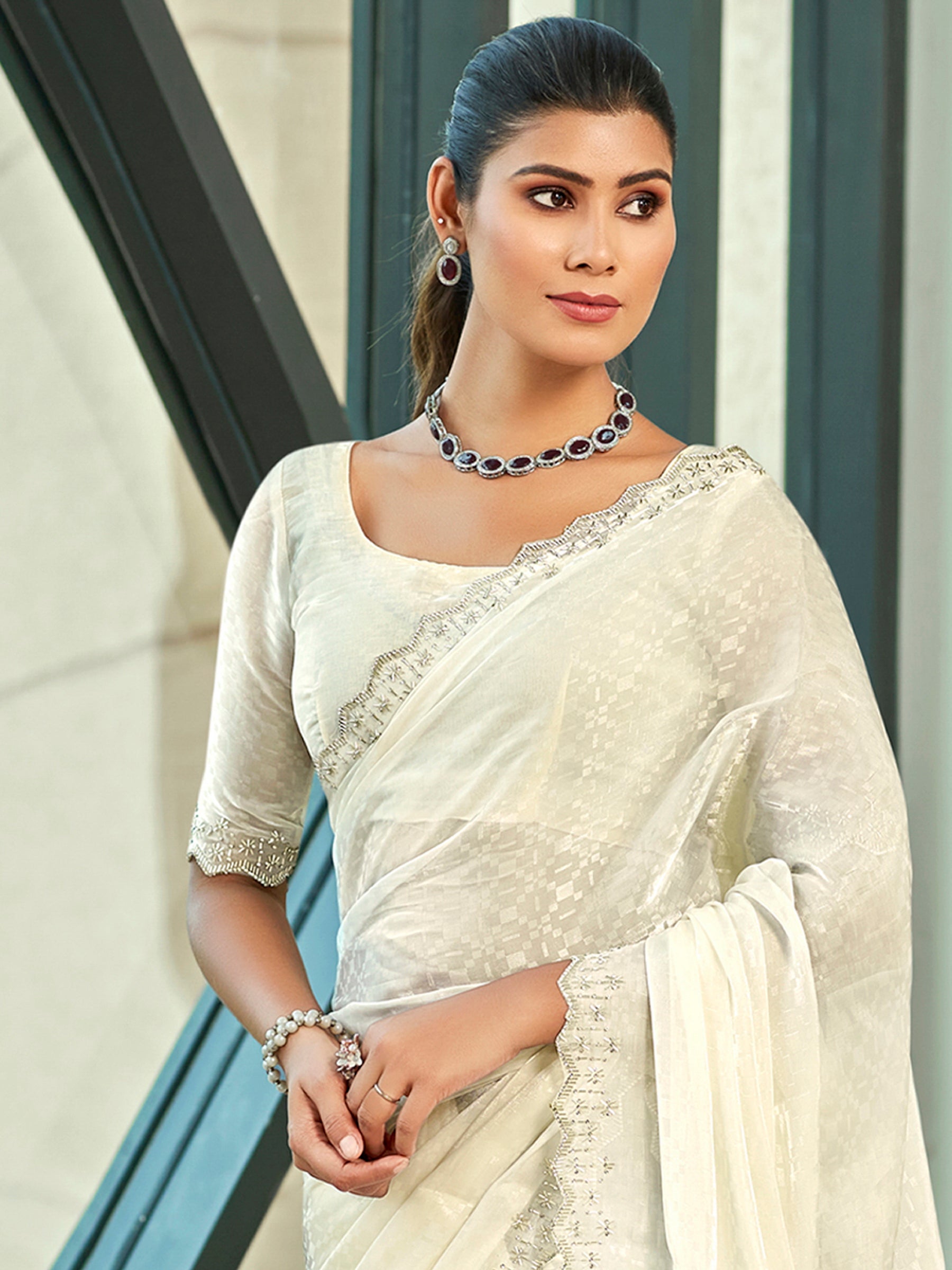 Jyoti Fashion Women's Cream Silk Blend Embellished Border with Beads & Crystal Cutwork Saree with Blouse | Grocsy