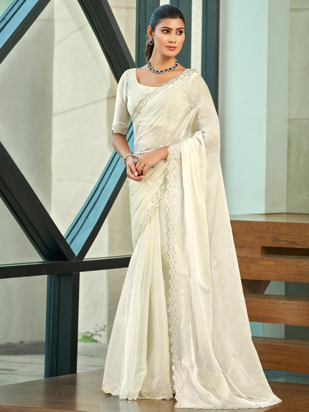 Jyoti Fashion Women's Cream Silk Blend Embellished Border with Beads & Crystal Cutwork Saree with Blouse | Grocsy