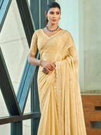 Jyoti Fashion Women's Ivory Silk Blend Embellished Border with Beads & Crystal Cutwork Saree with Blouse | Grocsy