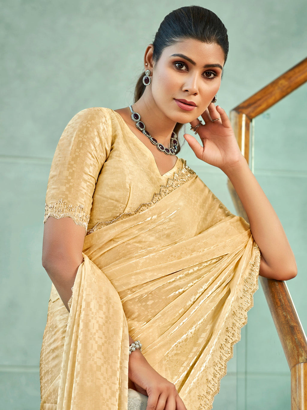 Jyoti Fashion Women's Ivory Silk Blend Embellished Border with Beads & Crystal Cutwork Saree with Blouse | Grocsy