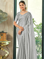 Jyoti Fashion Women's Grey Silk Blend Embellished Border with Beads & Crystal Cutwork Saree with Blouse | Grocsy