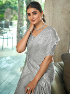 Jyoti Fashion Women's Grey Silk Blend Embellished Border with Beads & Crystal Cutwork Saree with Blouse | Grocsy