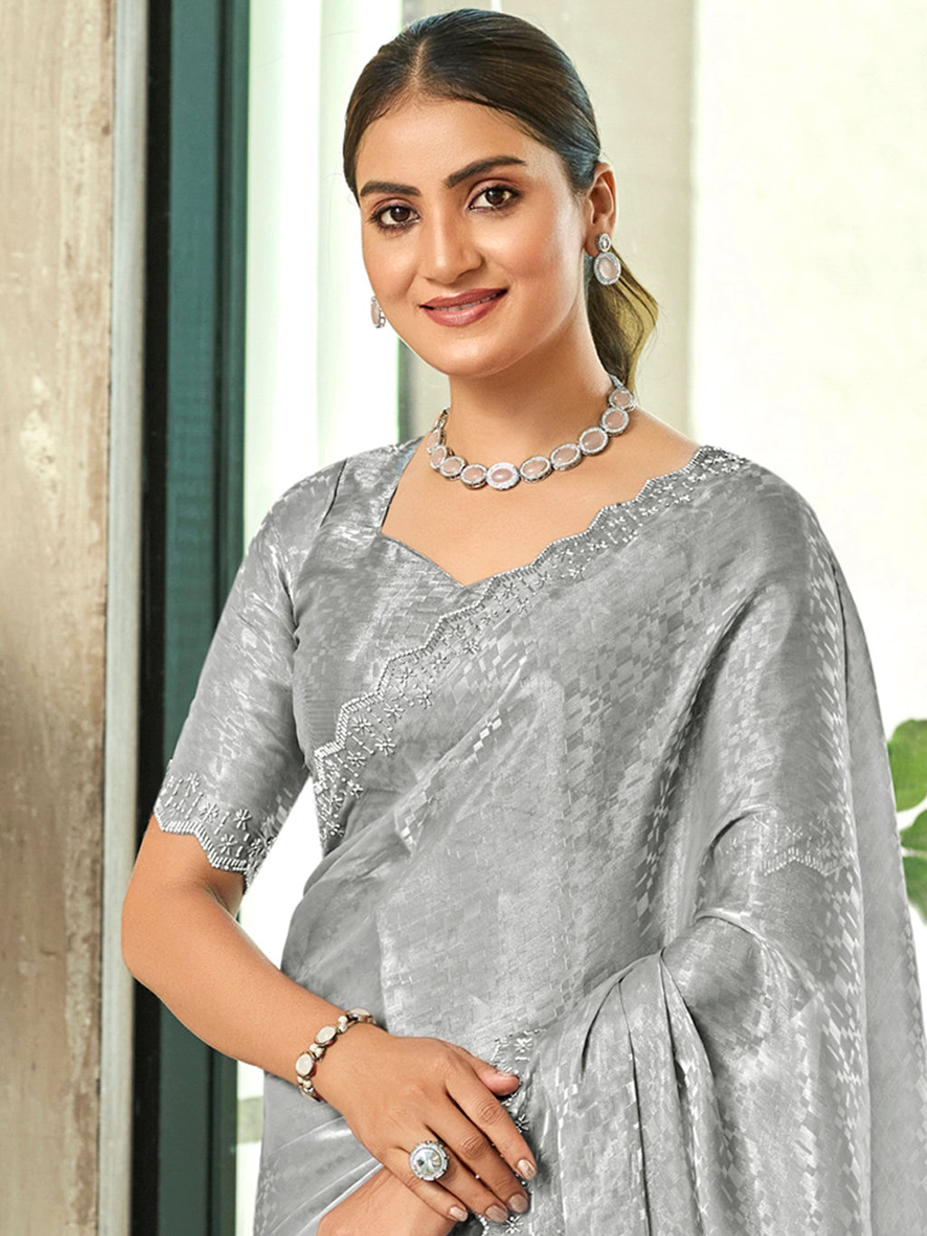 Jyoti Fashion Women's Grey Silk Blend Embellished Border with Beads & Crystal Cutwork Saree with Blouse | Grocsy