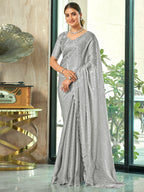 Jyoti Fashion Women's Grey Silk Blend Embellished Border with Beads & Crystal Cutwork Saree with Blouse | Grocsy
