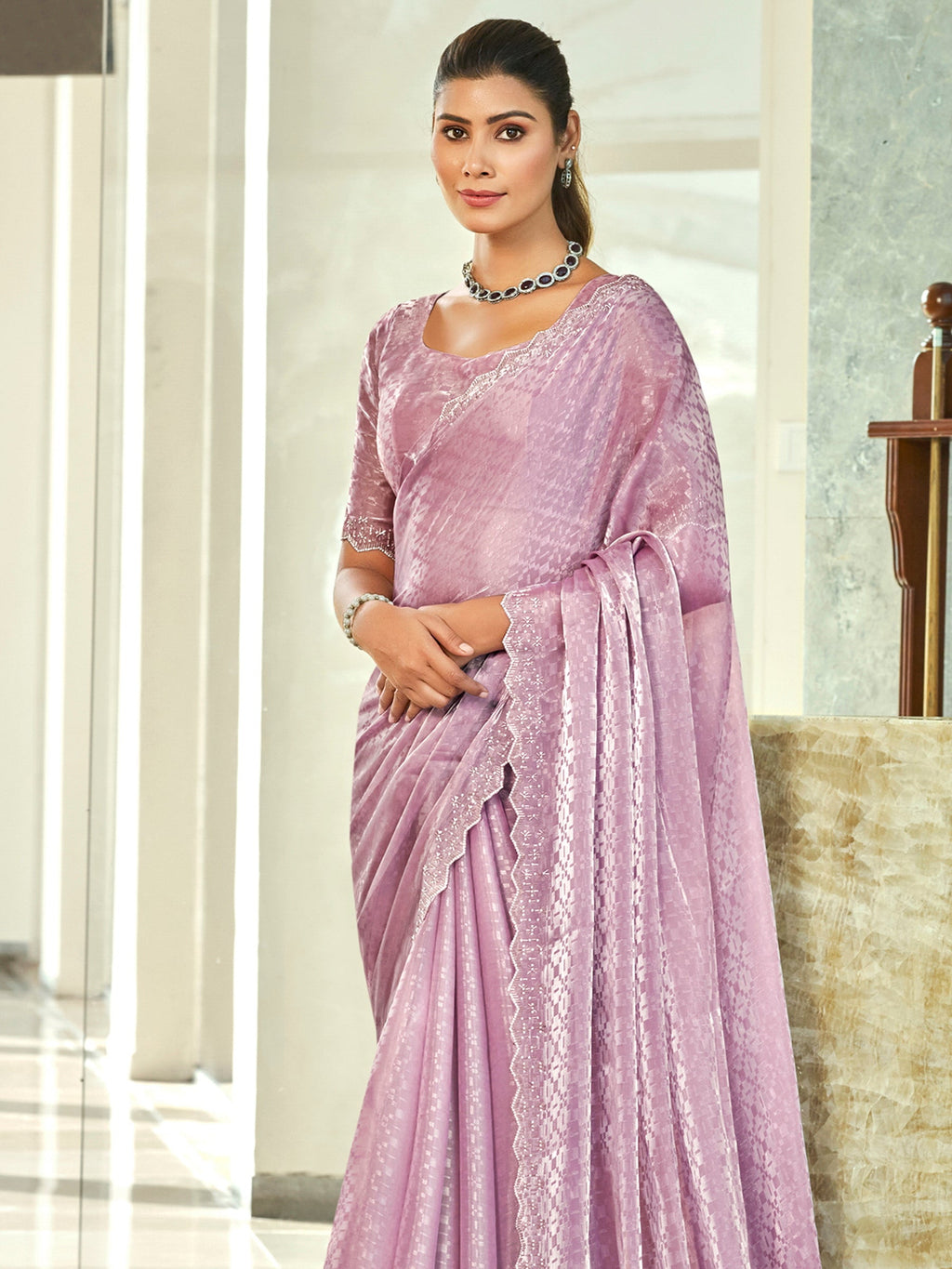Jyoti Fashion Women's Purple Silk Blend Embellished Border with Beads & Crystal Cutwork Saree with Blouse | Grocsy