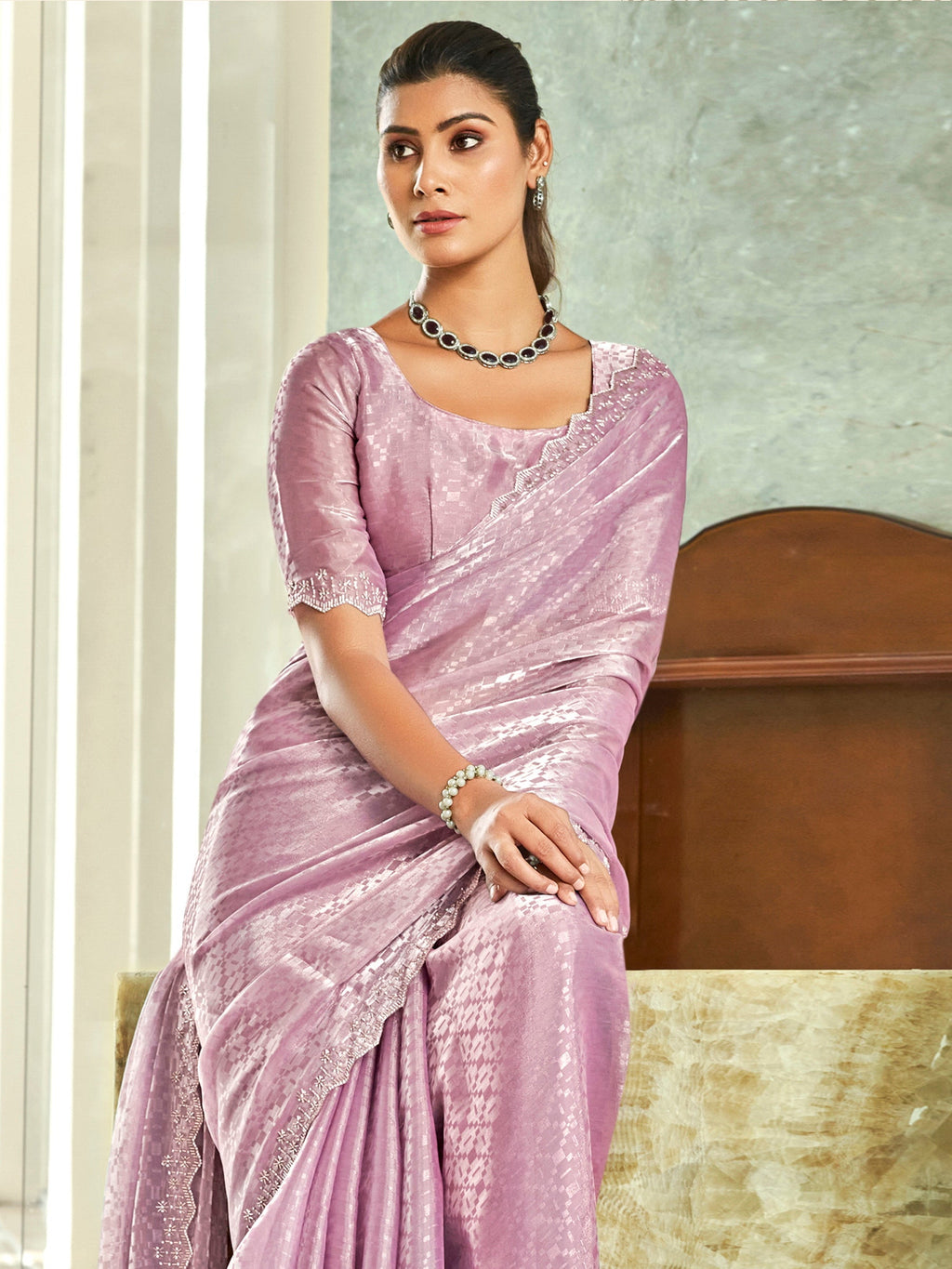 Jyoti Fashion Women's Purple Silk Blend Embellished Border with Beads & Crystal Cutwork Saree with Blouse | Grocsy