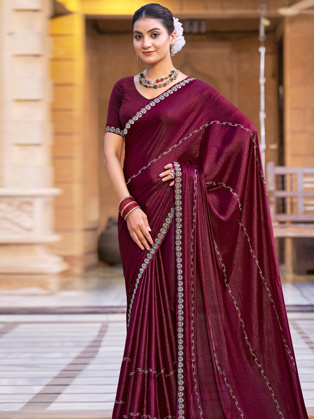 Jyoti Fashion Women's Maroon Shimmer Chiffon Embellished Border with Crystal Lines Saree with Blouse | Grocsy