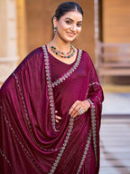 Jyoti Fashion Women's Maroon Shimmer Chiffon Embellished Border with Crystal Lines Saree with Blouse | Grocsy